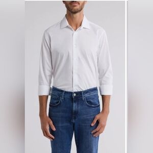 Lucky Brand white Solid Slim Fit Stretch buttin down Dress Shirt size Large‎ new